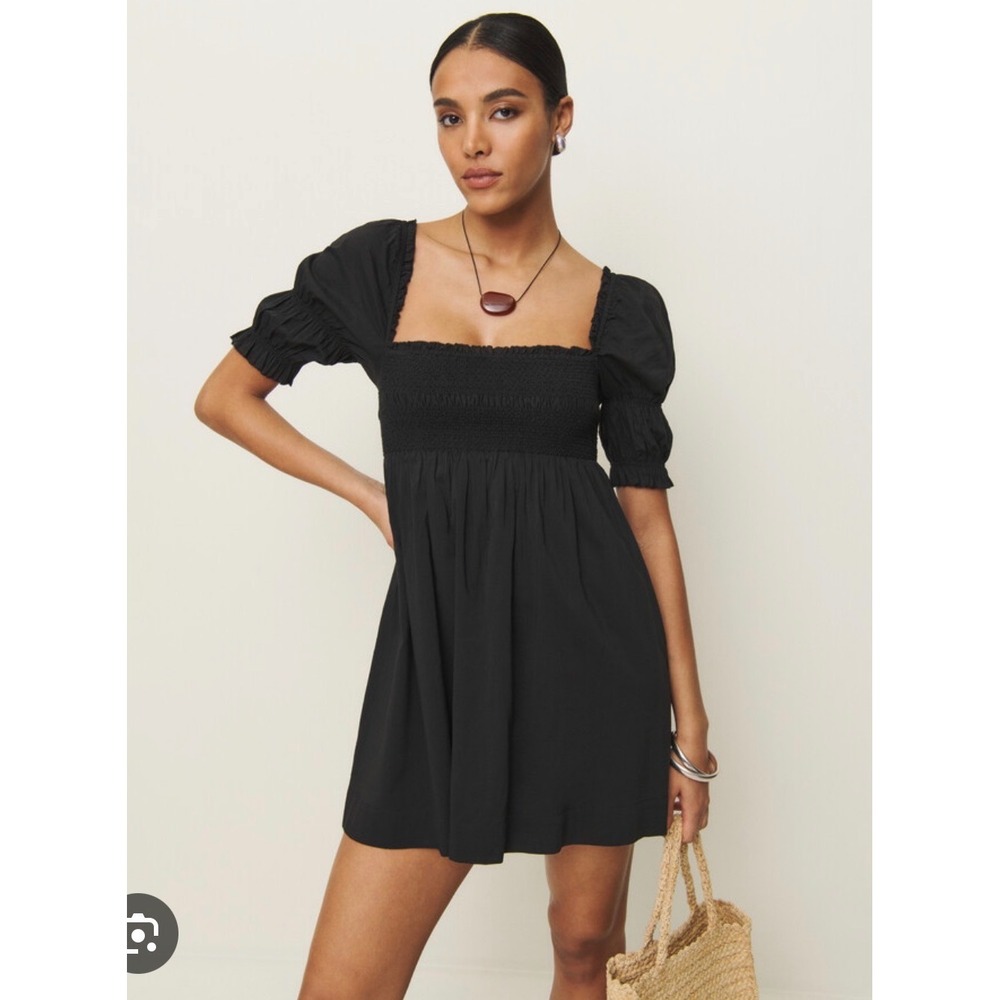 Reformation Dione‎ Mini Dress Black Smocked Square Neck Puff Sleeve Dainty Small